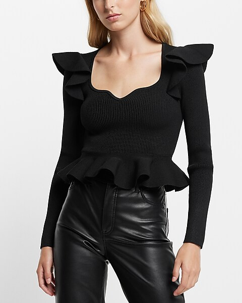 Ribbed Sweetheart Neckline Ruffle Peplum Sweater | Express