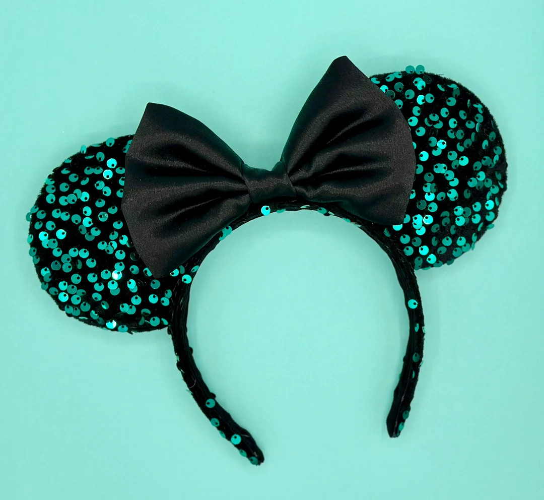 MADE TO ORDER Black Velvet and Emerald/teal Iridescent Sequin Mouse Ears | Headband Mouse Ears - ... | Etsy (US)