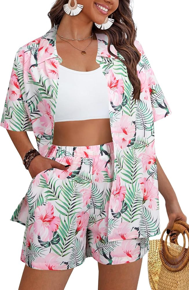 VILOVE Hawaiian Outfits for Women 2 Piece Beach Sets Tropical Floral Print Matching Hawaiian Set ... | Amazon (US)