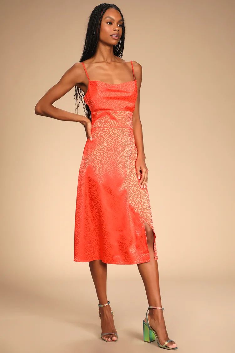 Fiercely Chic Coral Orange Satin Jacquard Print Cowl Midi Dress | Lulus (US)