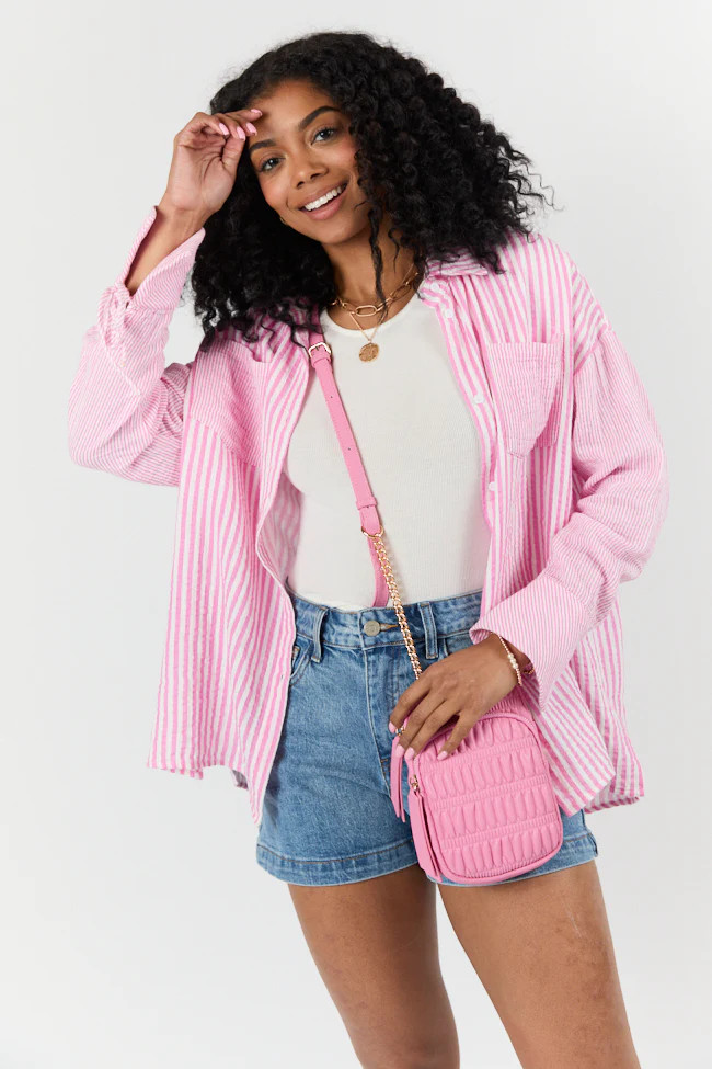 Daybreak Dreams Pink Gauze Multi Stripe Button Down Top SALE | Pink Lily