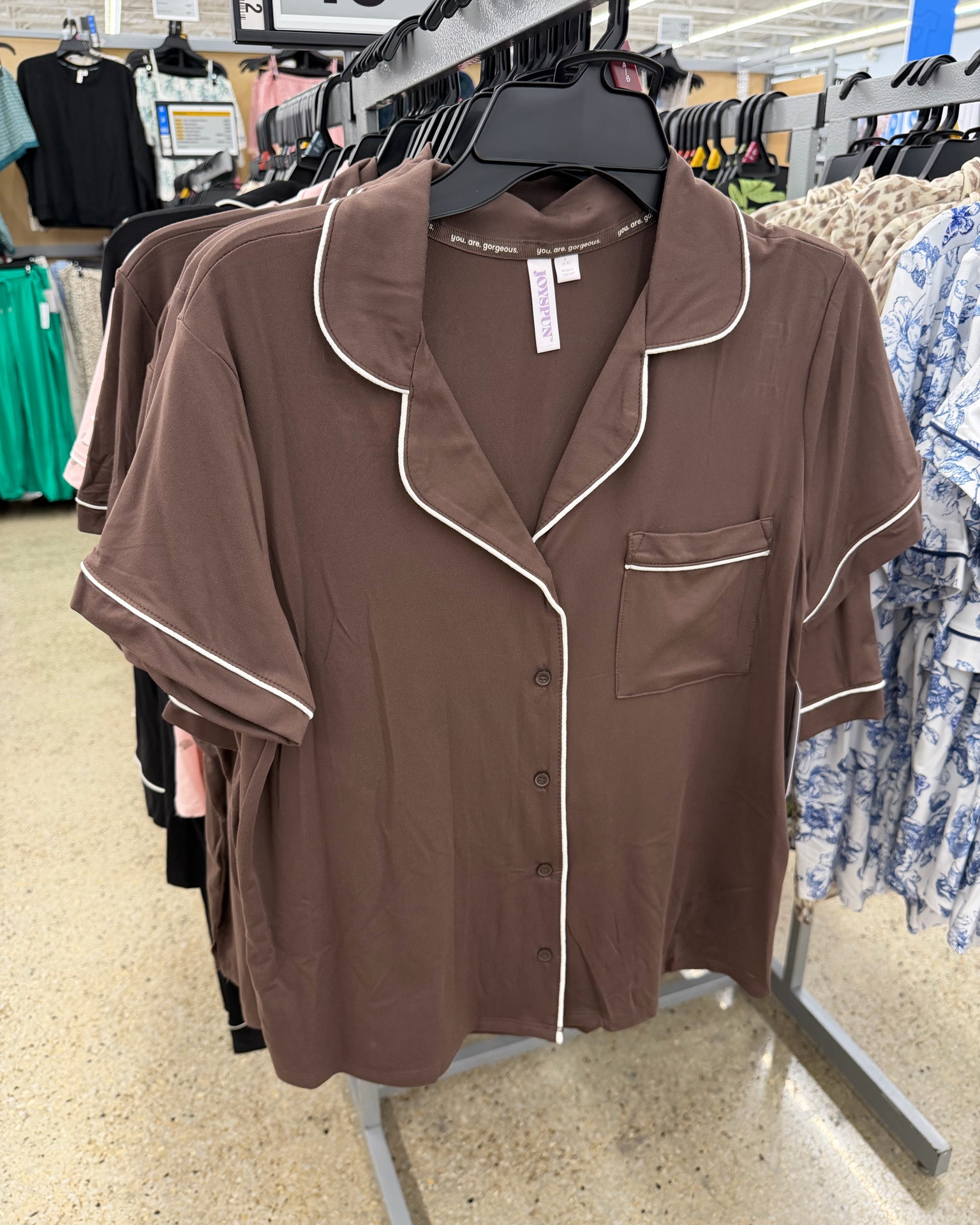 Walmart pajamas are incredible right now, lots of chocolate brown, striped set that looks like Daily Drills, new prints and colors for their notched collar pajamas and robes.