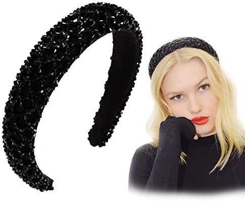 Fashion Rhinestone Headband for Women Black Crystal Beaded Diamond Hair Hoop Elastic Thick Velvet Ha | Amazon (US)