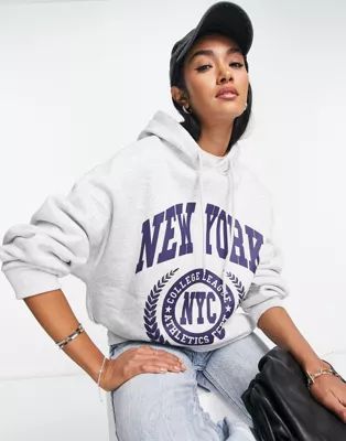 ASOS DESIGN oversized hoodie with new york sports graphic print in gray | ASOS (Global)