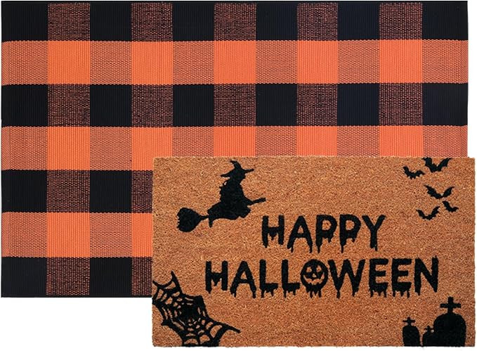 Halloween Decor Doormat Combo Set, 100% Coco Coir Welcome Mat + 28 x 43 Inches Orange and Black P... | Amazon (US)