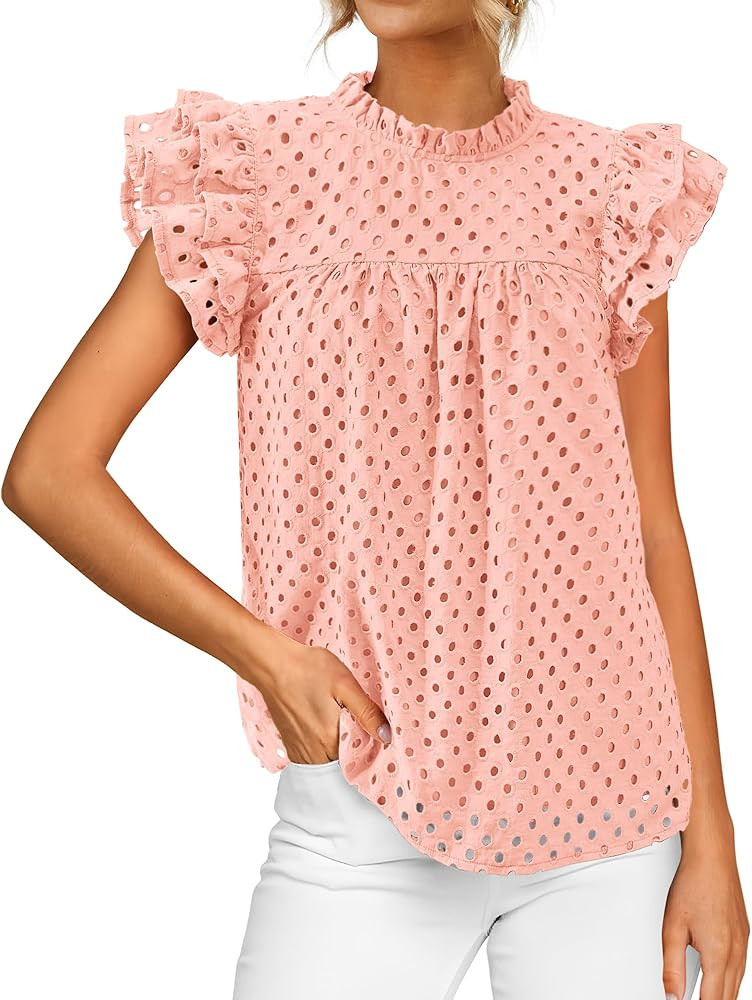 BTFBM Casual Summer Tops for Women 2025 Short Ruffle Sleeves Shirts Crew Neck Hollow Out Lace Emb... | Amazon (US)