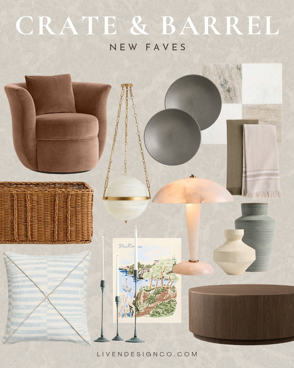 Crate and Barrel. Velvet accent chair. Dinnerware. Stoneware plates. Woven basket. Throw pillow. Wall art. Modern pendant. Alabaster lamp. Ceramic vase. Taper candle holders

#LTKSaleAlert #LTKSeasonal #LTKHome