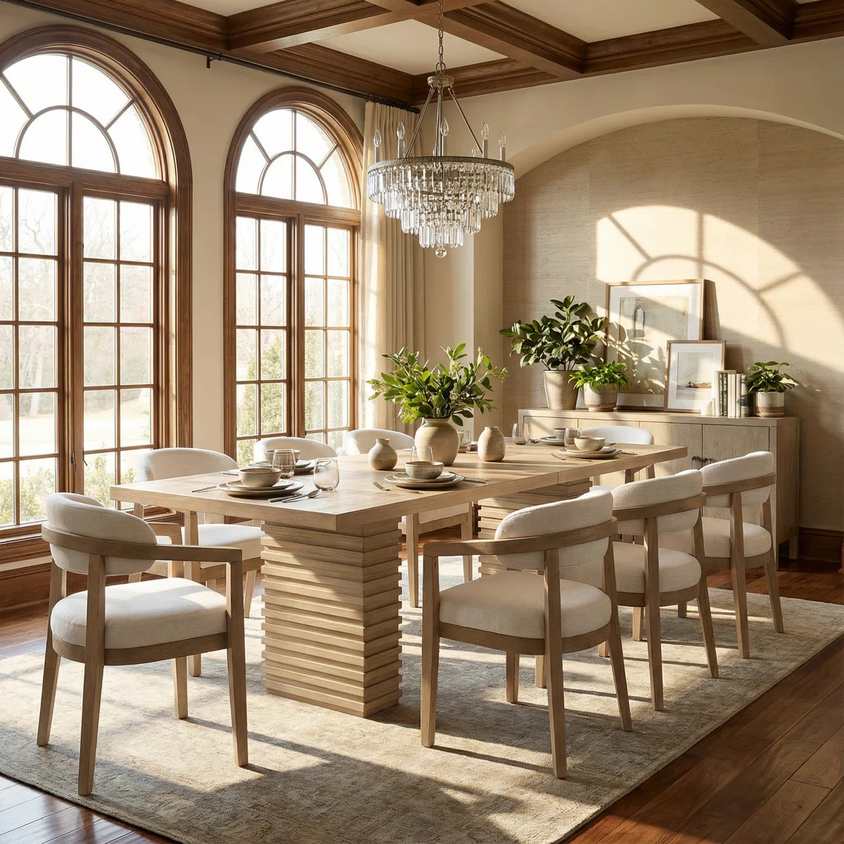 Prescott  9-Piece Mid-Century Modern Wood Dining Table Set With Upholstered Arm Chairs | Wayfair North America