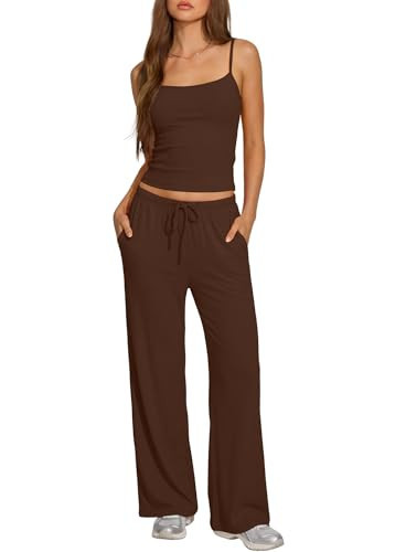 Darong Womens Summer Outfits 2 Piece Lounge Set Spaghetti Strap Tank Top Wide Leg Pants Matching Sets 2026 Travel Clothing 9247 Coffee XS | Amazon (US)