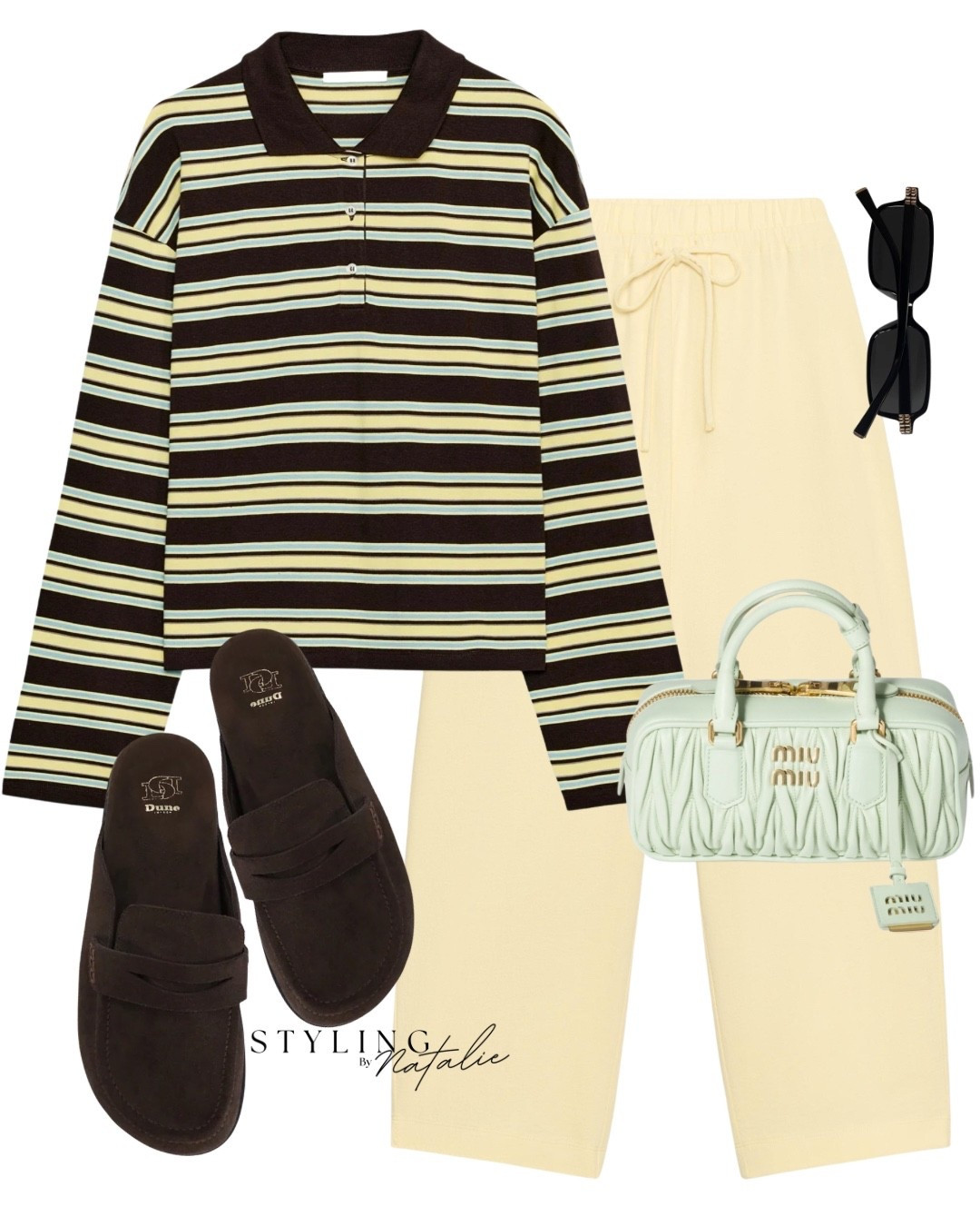 Stripe polo sweatshirt, yellow drawstring trousers, Miu Miu bag, brown suede slip on loafers.  Causal spring summer look, everyday wear, Europe style, London, airports outfit.

#LTKuk #LTKsummer #LTKspring