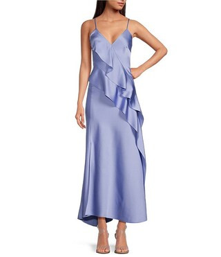 Gianni Bini Quinn Ruffle Draped V-Neck Sleeveless Satin Dress | Dillard's | Dillard's