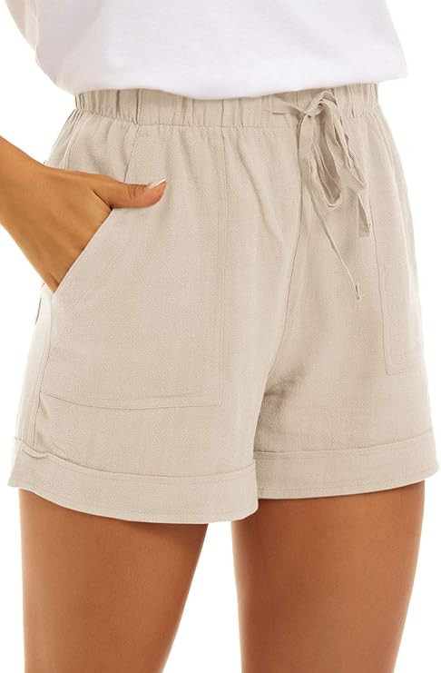 NEYOUQE Womens Cotton Linen Casual Summer Elastic Waist Comfy Shorts with Pocket | Amazon (US)