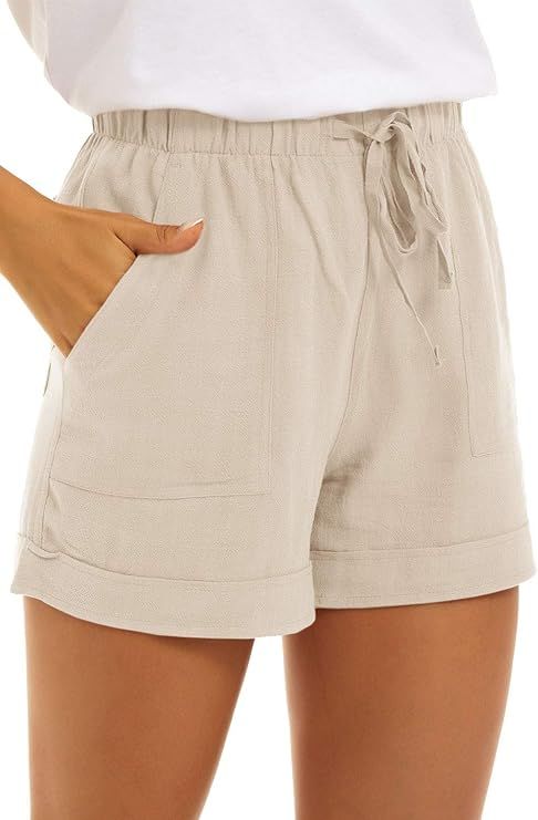 KINGFEN Women Casual Shorts Drawstring Comfy Elastic Waist Shorts Summer Pull On Short with Pocke... | Amazon (US)