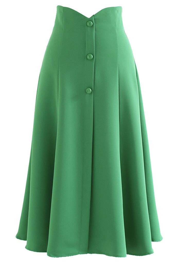 Buttons Trim High Waist Flare Midi Skirt in Green | Chicwish
