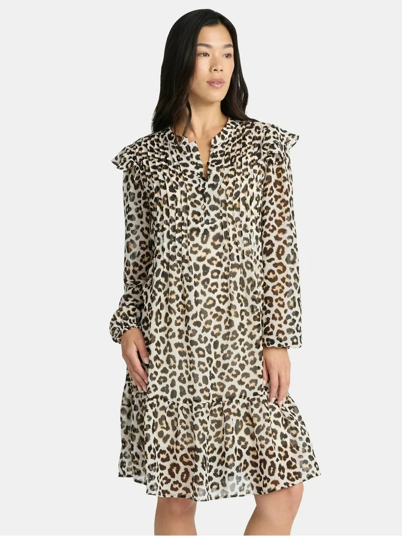 Time and Tru Women's Pintuck Mini Dress with Long Sleeves, Sizes XS-XXXL | Walmart (US)