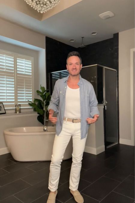 Time to breakout the white jeans!

Jeans: @jcrewfactory 
Tank: @oldnavy 
Belt and Shoes: @bananarepublicfactory 
Shirt: @dockerskhakis 
Cologne: @acquadiparma 

#grwm #menswear #summerfashion #ltkmens #menstyle