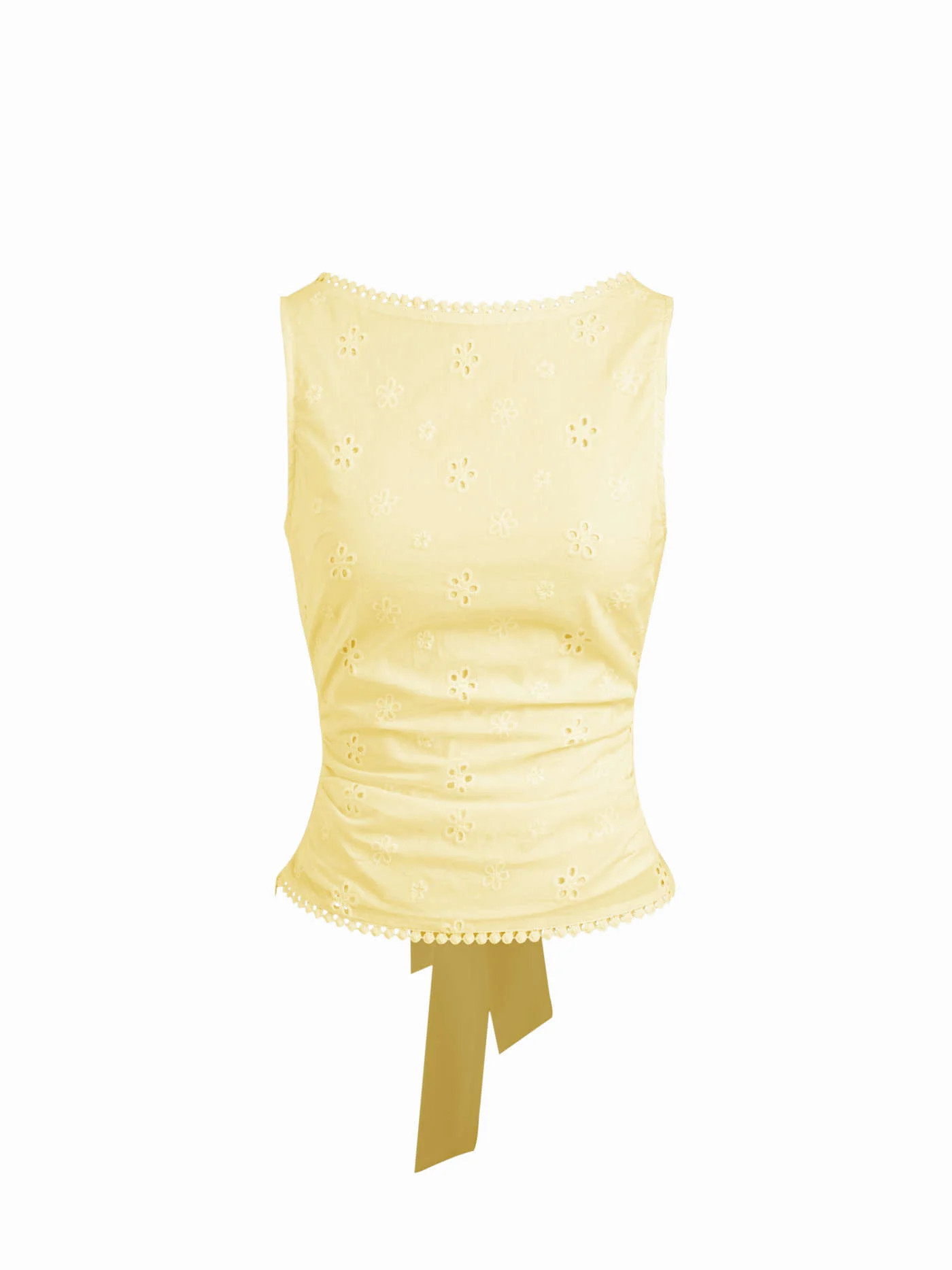 Woven Cotton-blend Boat Neck Broderie Anglaise Tie Back Knotted Top For Daily Casual | Cider