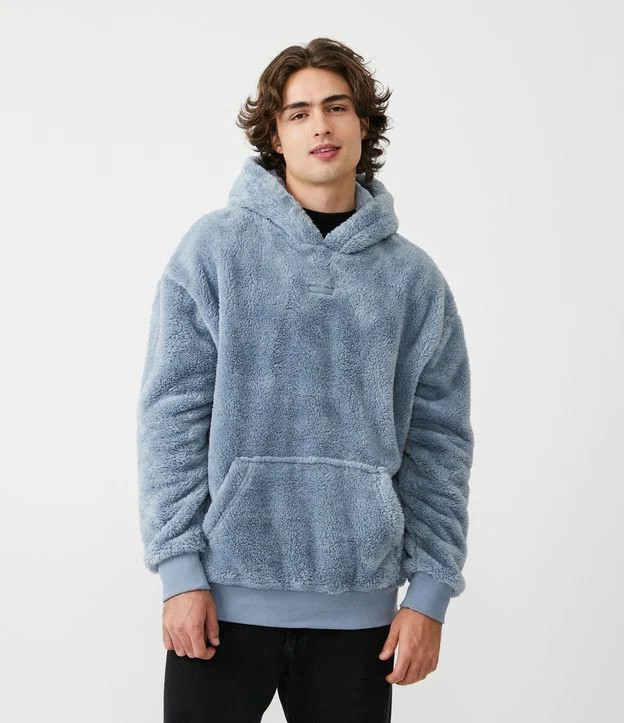 Blusão Fechado em Moletom com Capuz e Textura de Pelinhos Azul | Renner (BR)