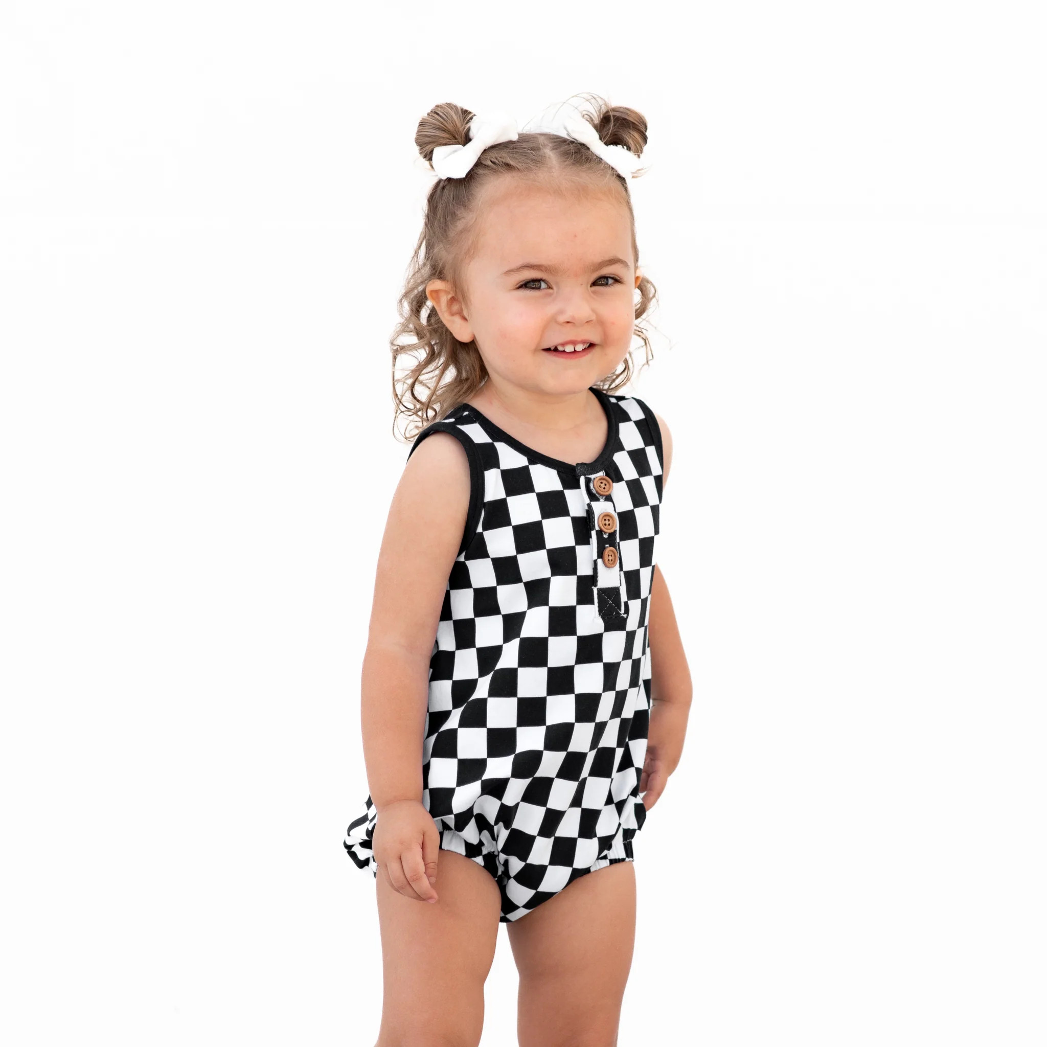 ORGANIC COTTON HENLEY ROMPER- B+W Check | millie + roo