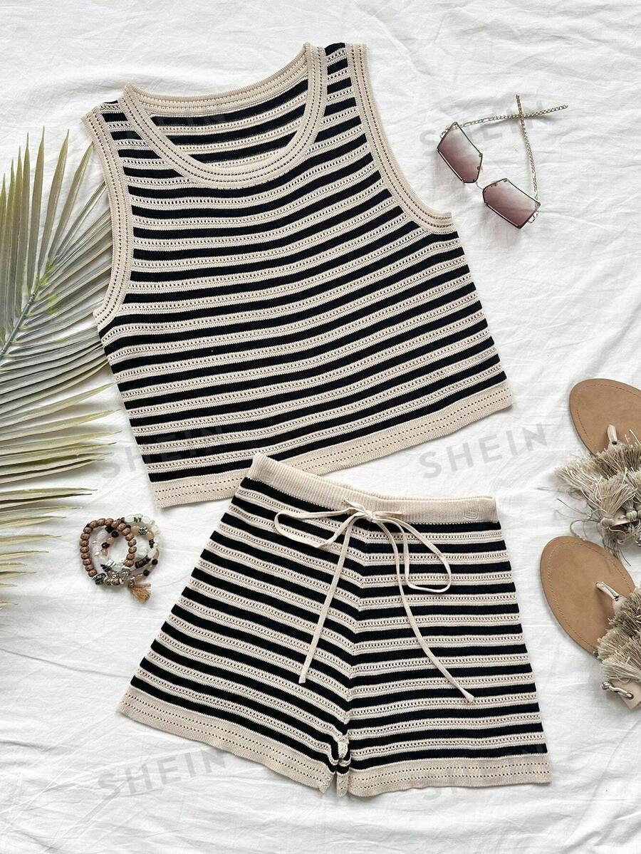 SHEIN WYWH Striped Texture Casual Vacation Knit Vest & Shorts 2pcs Set | SHEIN