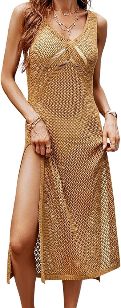 CUPSHE Women Crochet Swimsuit Cover Up Sleeveless Hollow Out Long Swim Coverup 2024 Split Mesh Be... | Amazon (US)