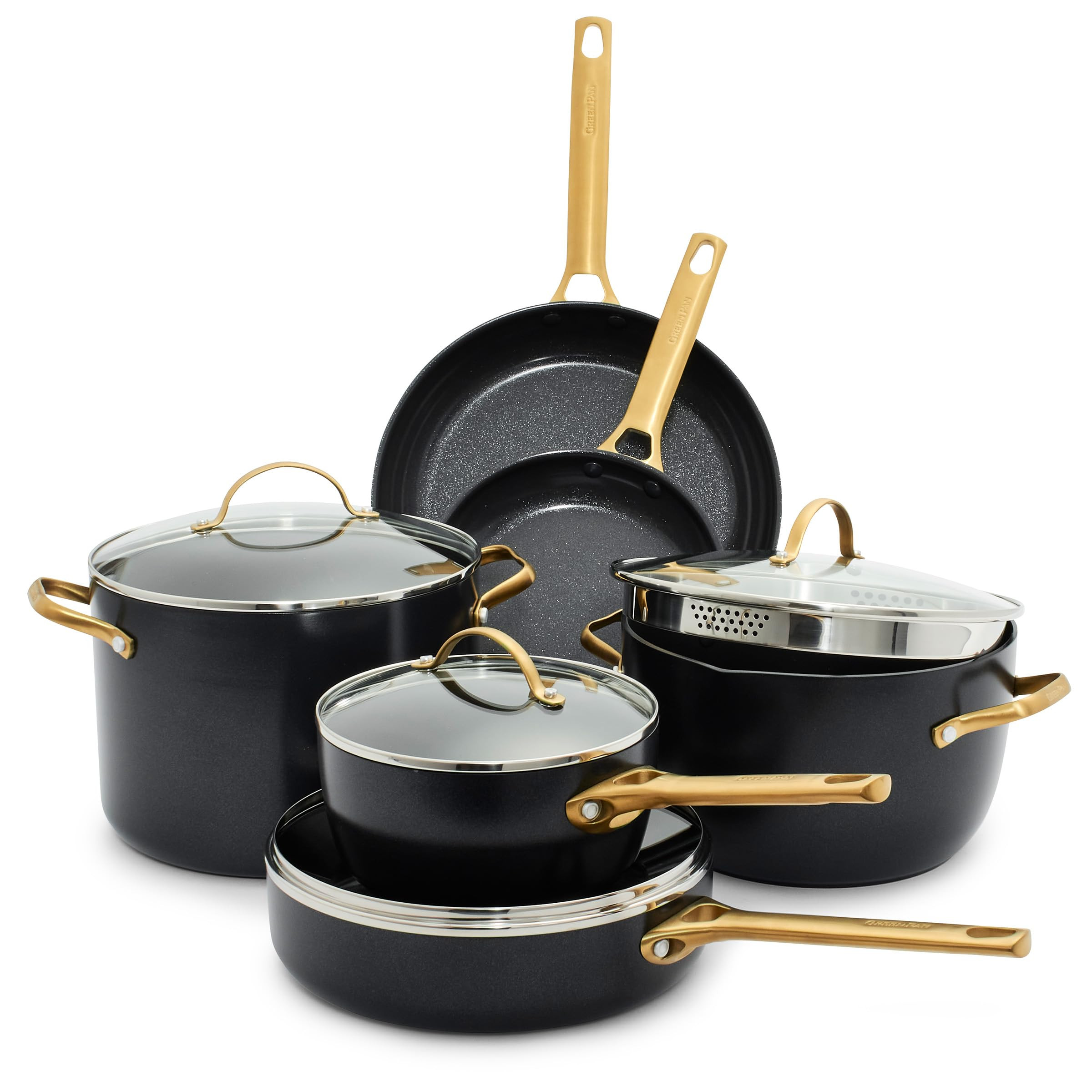 GreenPan Hard Anodized Healthy Ceramic Nonstick 10 Piece Cookware Pots and Pans Set, Gold-Tone St... | Amazon (US)