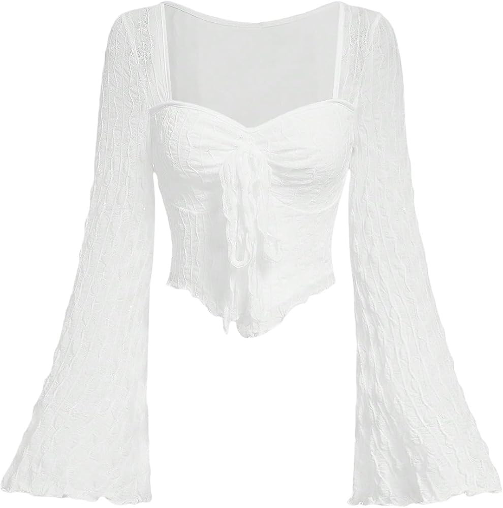 SOLY HUX Women's Long Bell Sleeve Tops Mesh Sweetheart Neck Going Out Crop Top Casual Asymmetrica... | Amazon (US)