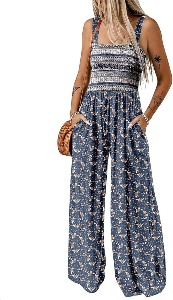 Dokotoo Women's Casual Loose Overalls Jumpsuits One Piece Sleeveless Printed Wide Leg Long Pant R... | Amazon (US)