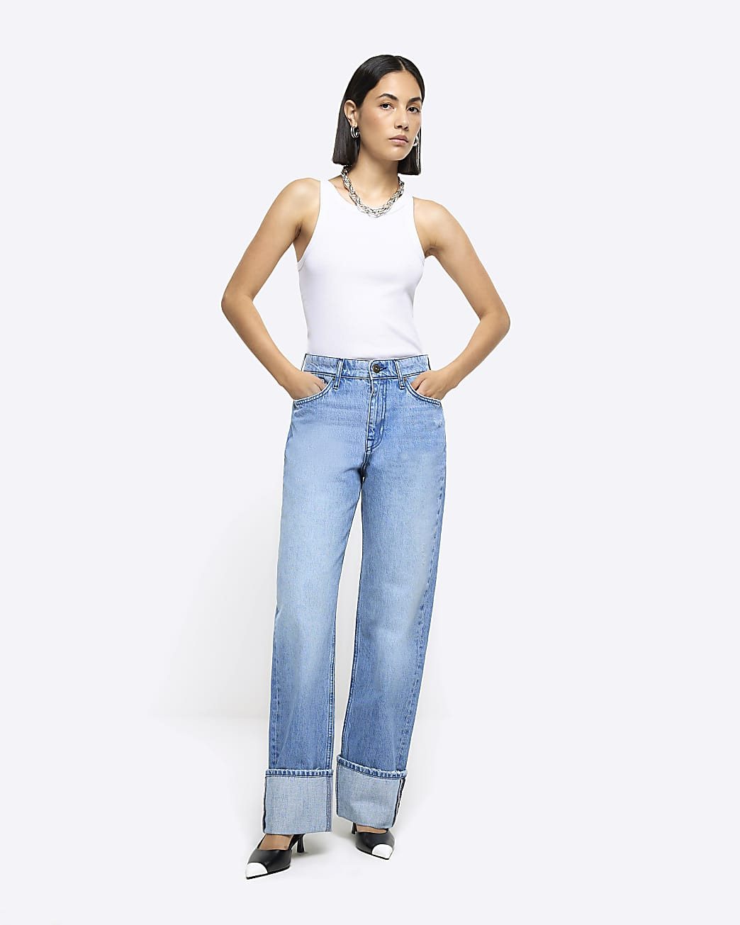 Blue high waisted wide leg turn up jeans | River Island (UK & IE)