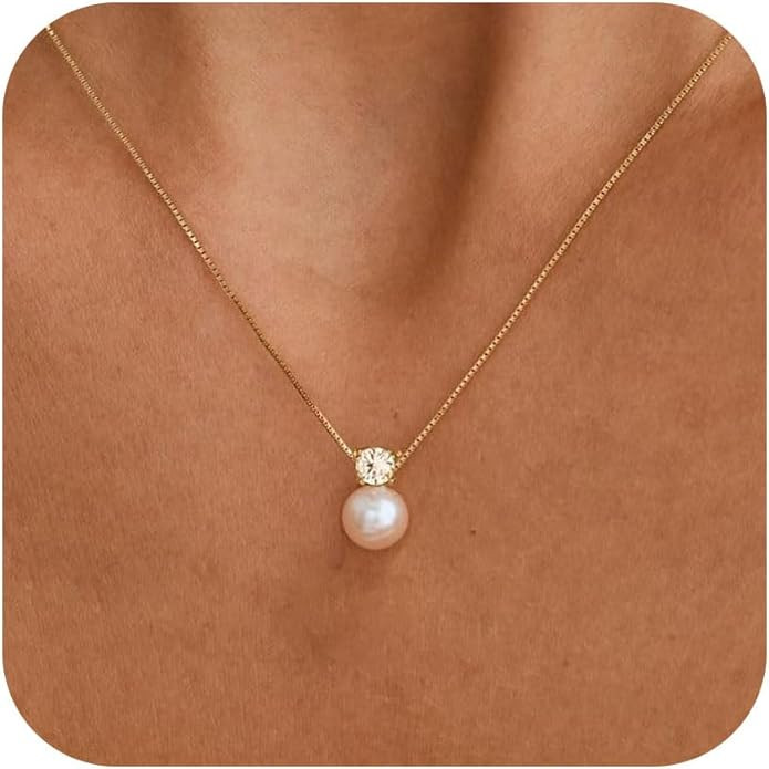 Pearl Necklaces for Women, Dainty Gold Necklace 14K Gold Plated Charm CZ Pearl Pendant Necklace S... | Amazon (US)