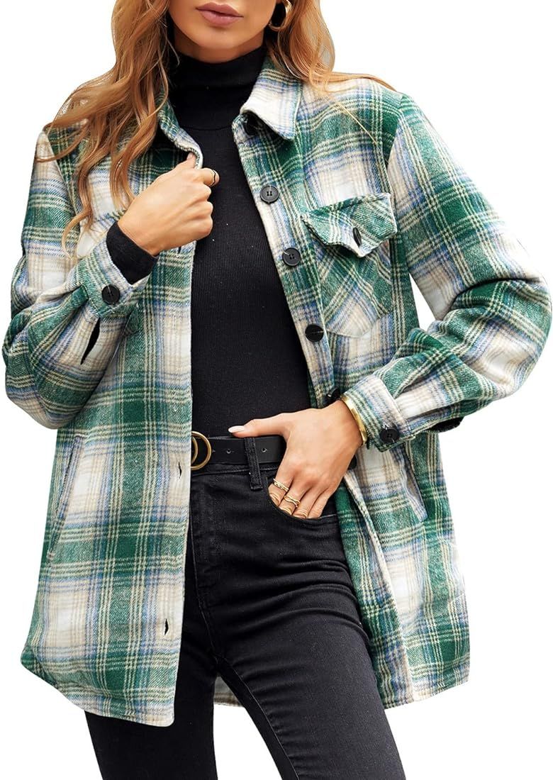 luvamia Plaid Jackets for Women Flannel Quilted Shacket Coats Oversized Button Down Shirts Jacket | Amazon (US)