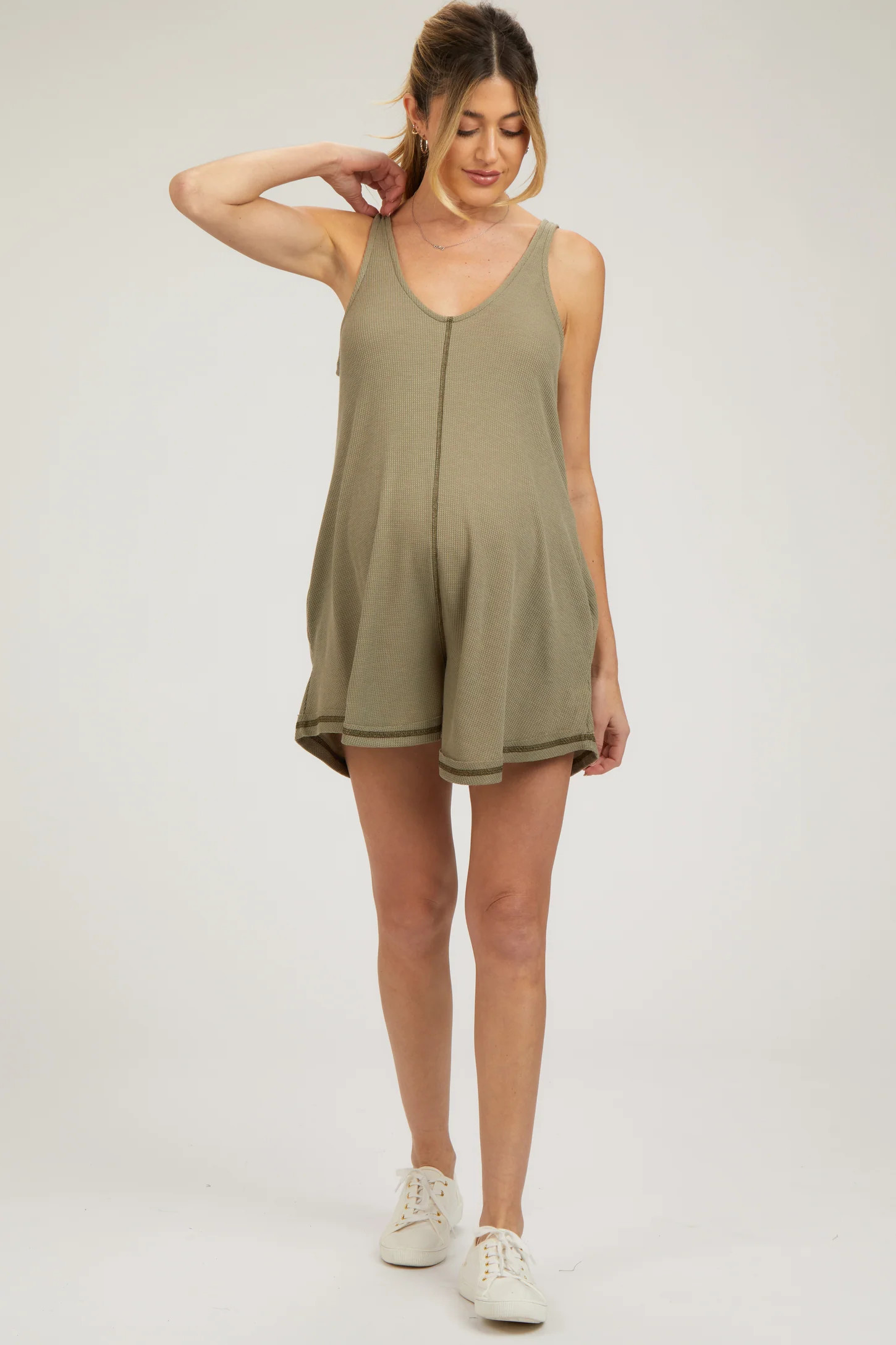 Olive Sleeveless Waffle Knit Maternity Romper | PinkBlush Maternity