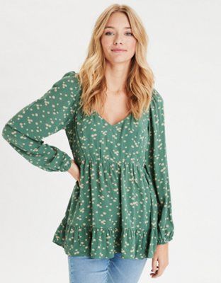 AE Long Sleeve Smocked Babydoll Top | American Eagle Outfitters (US & CA)