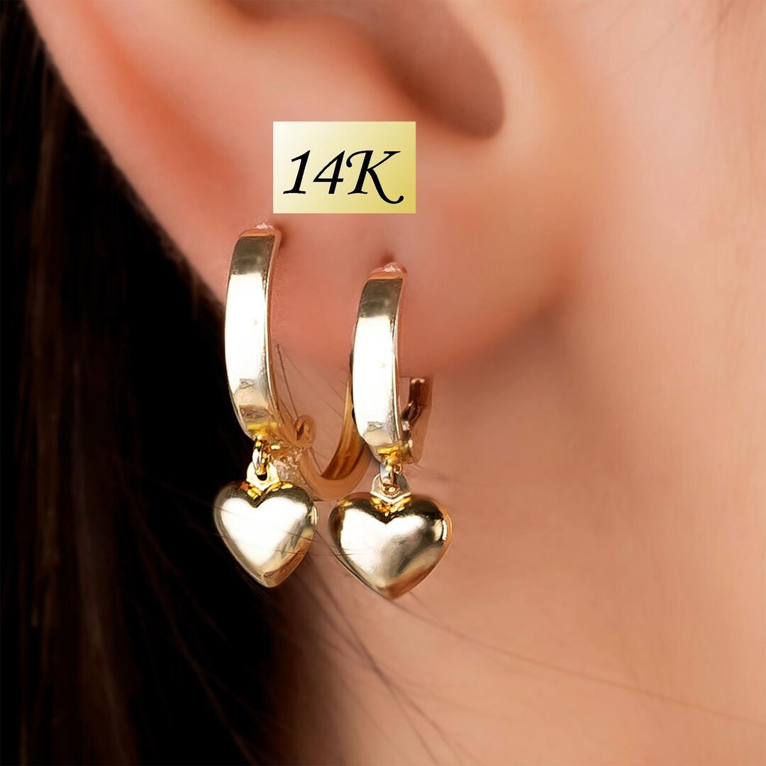 14K Solid Gold Heart Huggie Earrings: Dangle Drop Puffy Heart Hoops - Etsy | Etsy (US)