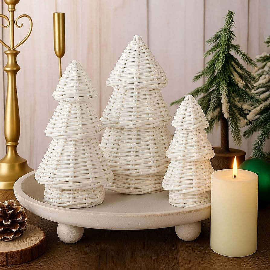 3 Pcs Morden Christmas Decor Woven Christmas Cone Tree Neutral Rattan Xmas Tabletop Centerpiece O... | Amazon (US)