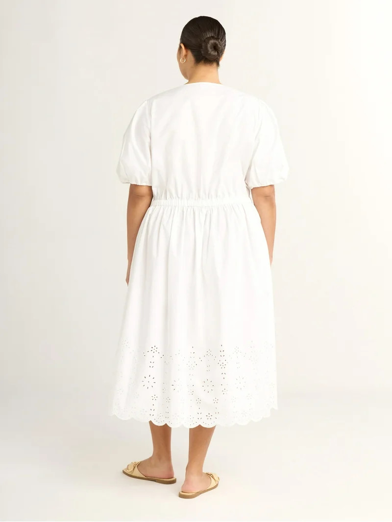 Free Assembly Women's Plus Tie Front Cotton Eyelet Midi Dress with Short Puff Sleeves, Sizes 1X-4... | Walmart (US)