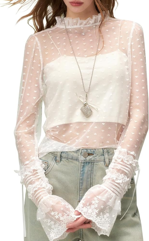 Sheer Tops for Women Long Sleeve Mesh Heart Print Blouse Coquette Lace Bell Sleeve Y2K Layering S... | Amazon (US)