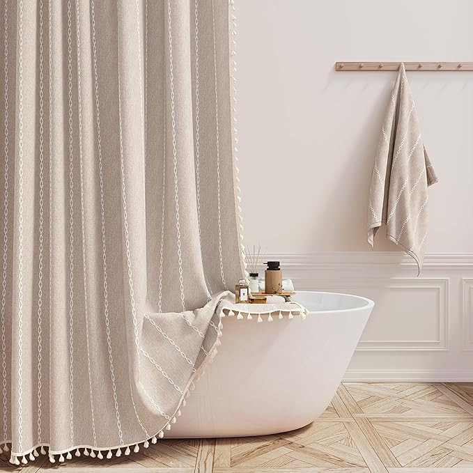 Extra Long Shower Curtain - 72x84 Long Boho Chic Striped Tassel Linen Fabric Shower Curtain Set w... | Amazon (US)