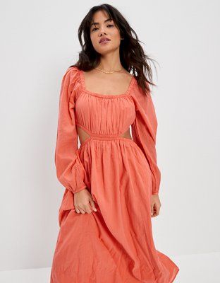 AE Long-Sleeve Cut-Out Midi Dress | American Eagle Outfitters (US & CA)
