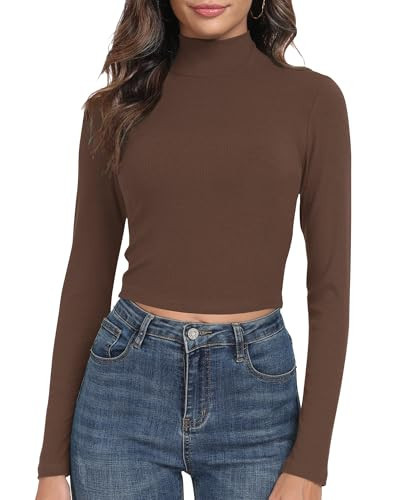 Artfish Women's Basic Mock Neck Slim Fitted Workout Rib Knit Long Sleeve Crop Top (Chocalate Brown, L) | Amazon (US)