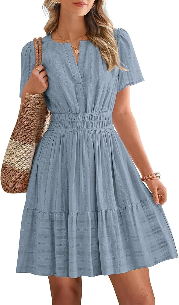 BTFBM Womens Spring 2026 Casual Mini Dresses Lightweight Short Sleeve V Neck Elastic Waist Cute B... | Amazon (US)