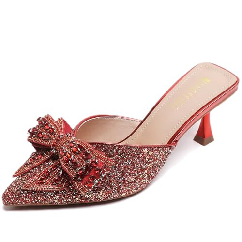 ADKGBE Women's Sparkling Rhinestone Bow Kitten Heel Mules Fashion Closed Pointed Toe Slip On low heel Backless slingback slides Sandals for Wedding Bridal Party Dress (Red,6) | Amazon (US)