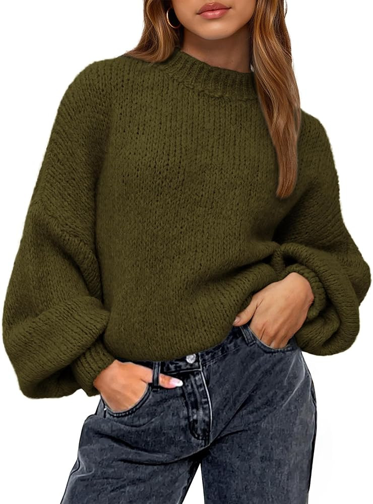 BTFBM Sweaters for Women Fall 2026 Crew Neck Lantern Long Sleeve Oversized Sweater Casual Knit Wi... | Amazon (US)