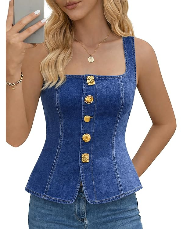 POTILI Jean Vest Top for Women Sleeveless Stretch Square Neck Denim Tank Top for Summer Trendy | Amazon (US)