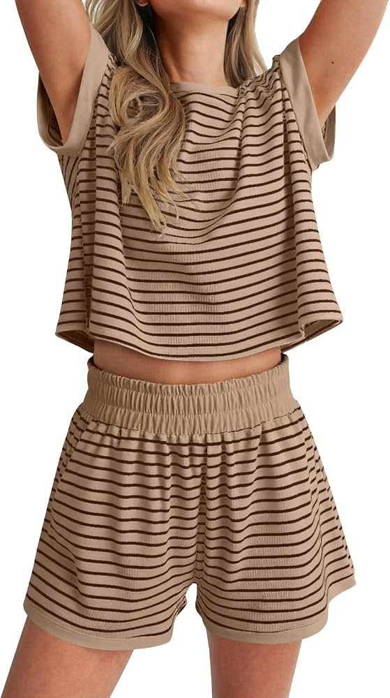 ANRABESS Womens 2 Piece Ribbed Striped Knit Pajama Set, Short Sleeve Top & Lounge Shorts, Casual ... | Amazon (US)