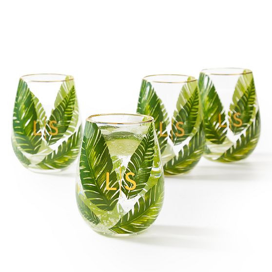 Hand Painted Palm Leaf Stemless Wine Glasses, Set of 4, 20oz | Mark and Graham
