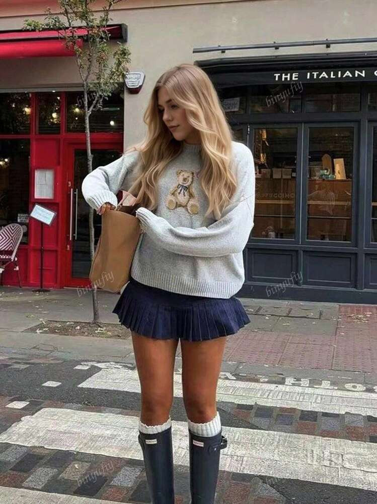 Women's Casual Cute Cartoon Bear Round Neck Long Sleeve Knitted Sweater, Suitable For Spring, Aut... | SHEIN