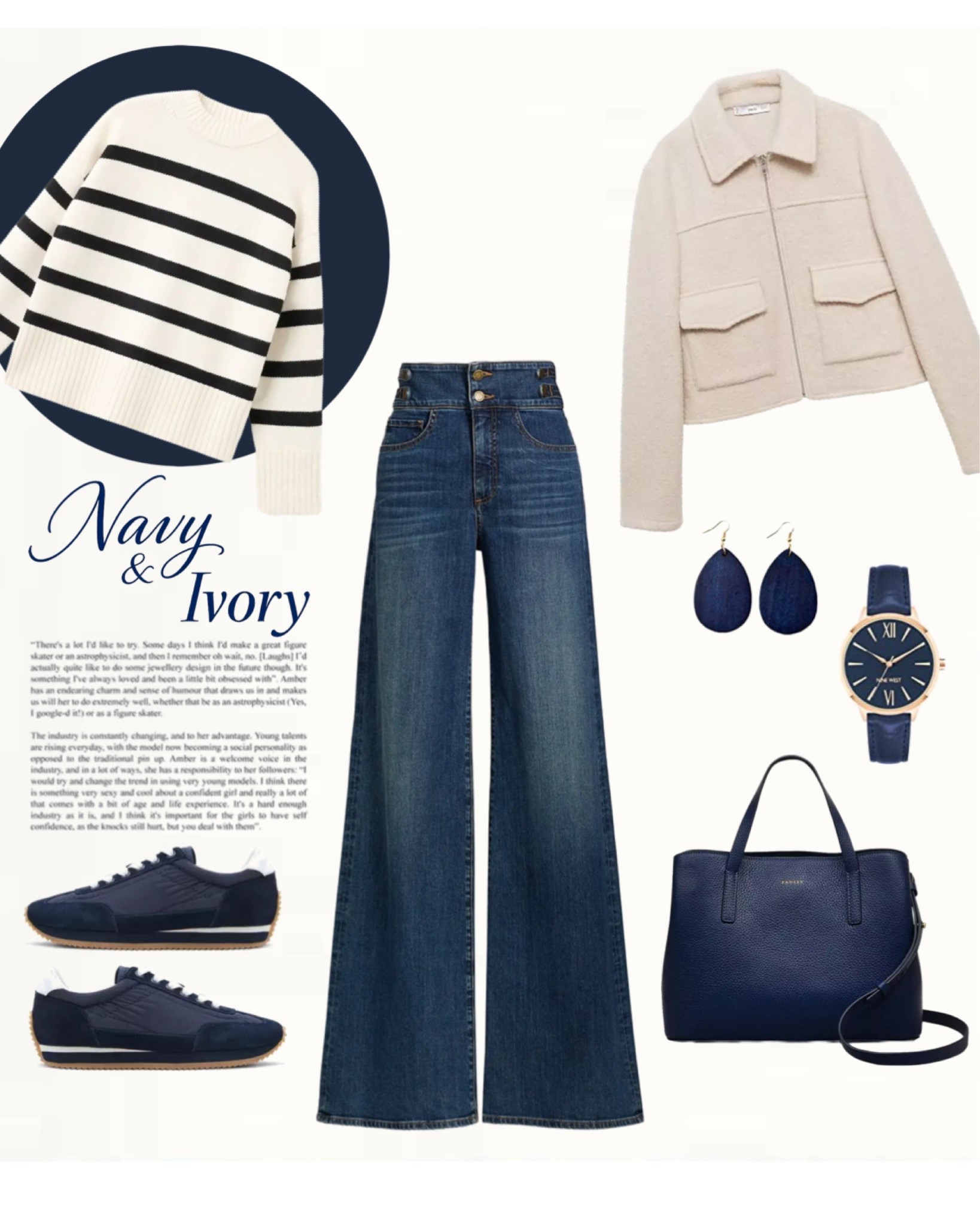 Effortless spring outfit featuring an ivory sweater with navy stripes, high-waisted wide-leg blue jeans, and a cropped ivory jacket. Styled with navy sneakers, a navy leather tote bag, navy drop earrings, and a navy watch with gold details for a polished casual look in classic navy and ivory tones.

#springoutfit #casualchicstyle #navyandivory


#LTKSeasonal #LTKOver40 #LTKootd