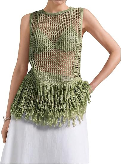 Milumia Women's Fringe Vests Summer Crochet Hollow Out Tank Tops | Long Knitted Sweater Vests, Be... | Amazon (US)