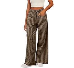 Acelitt Women Casual Drawstring Elastic Waist Loose Wide Leg Striped Pants with Pockets, S-XXL | Amazon (US)